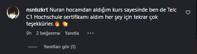 TELC C1 Hochschule sertifikası aldığını anlatan öğrenci yorumu