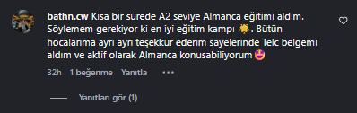 A2 seviyesinde TELC belgesi aldığını anlatan öğrenci yorumu