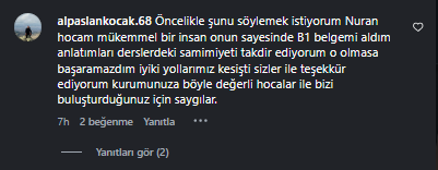 B1 belgesini aldığını anlatan öğrenci yorumu