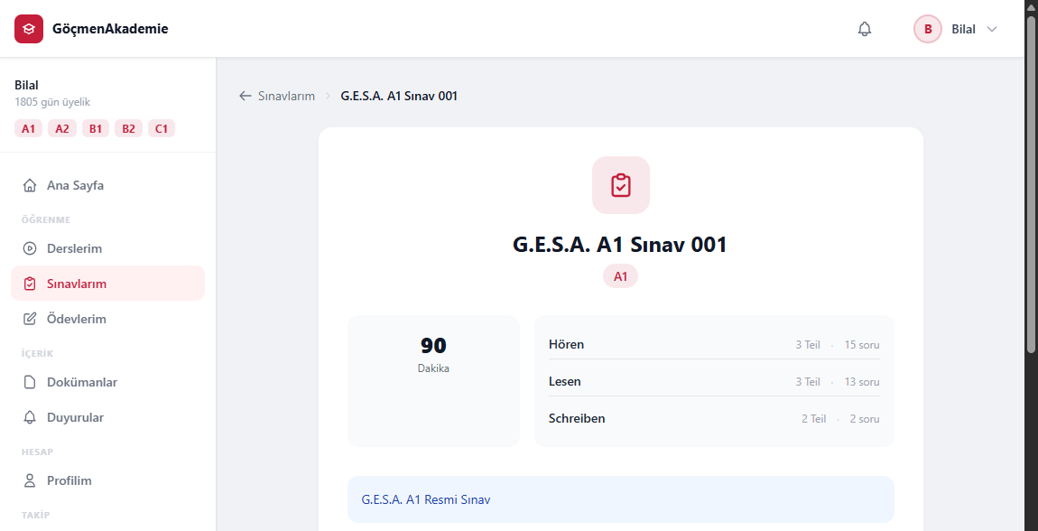 Sınav detay ekranı — süre ve bölüm dağılımı